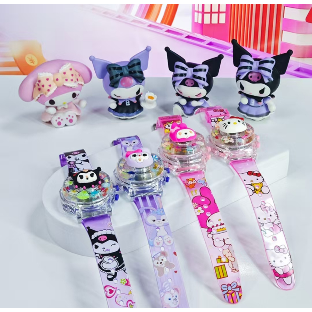 SANRIO นาฬิกา ซานริโอ คุโรมิ พร้อมกล่องของขวัญ สำหรับเด็กผู้หญิงหมุนเรืองแสงเพลงนาฬิกาที่มีสีสันกระ พริบเด็ก นำ นาฬิกาสำ