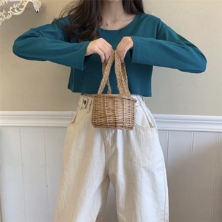 🎀Alva🎀พร้อมส่ง🚚เสื้อแขนยาว เสื้อครอปแขนยาว คอกลม คอกว้าง สไต…