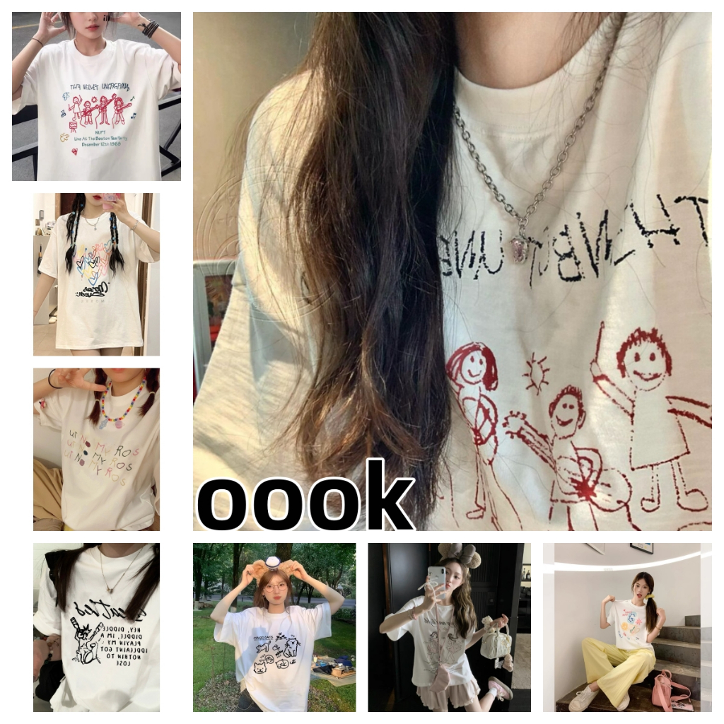 [ส่งจากโรงงาน]ออก24ชั่วโมง OOOK เสื้อยืดOversize เสื้อยืดแขนสั้น พิมพ์ลายดิจิตอลสวยงาม แนวอาร์ต แนวมินิมอล #8006
