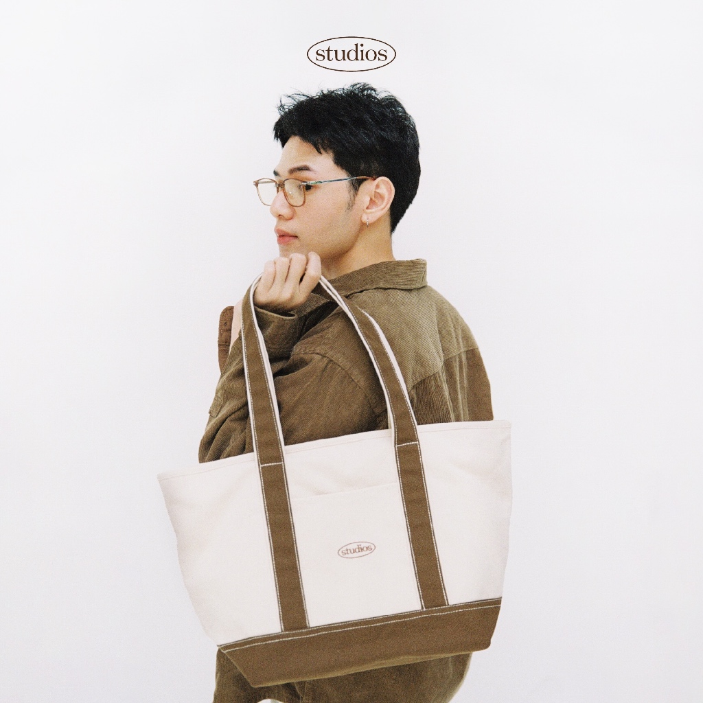 สีใหม่! HOMELAND - กระเป๋าผ้า canvas สไตล์ญี่ปุ่น ปักลาย มีซิปปิด สะพายบ่าได้ (Large) สีครีมน้ำตาล