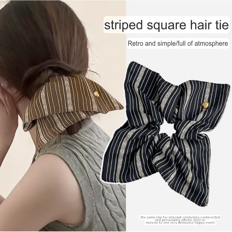 ยางรัดผมทรงสี่เหลี่ยมลายทาง ยางมัดผม ยางรัดผม โบว์ผูกผม แฟชั่นเกาหลี