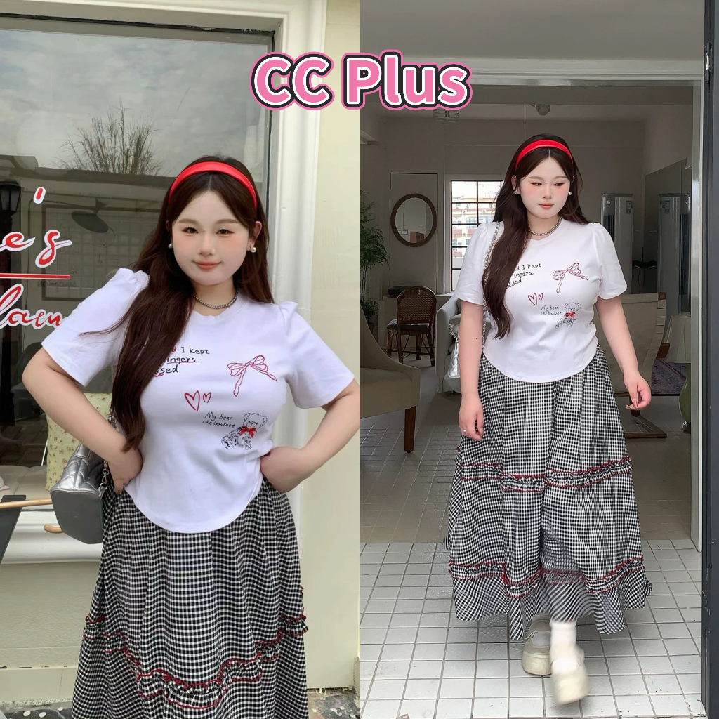 CiCi Plus+(1707) เสื้อยืดแขนสั้น ลายสกรีนน่ารักคิขุ สไตล์มินิมอล สำหรับสาวพลัสไซส์