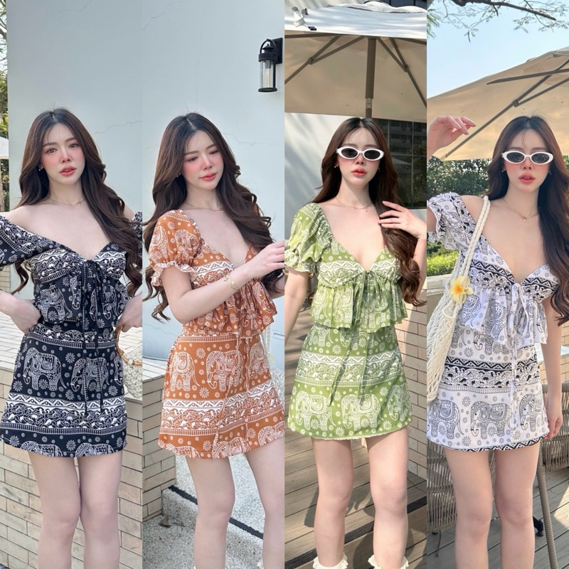 Teera❤️พร้อมส่ง✨🐘ลายช้างศรีสุข🐘เสื้อผูกอกแขนตุ๊กตา+กระโปรงกางเกง💥Set 2ชิ้น💖ผ้าสปันเนื้อดี งานสวย ใส่สบายมาก sheeny