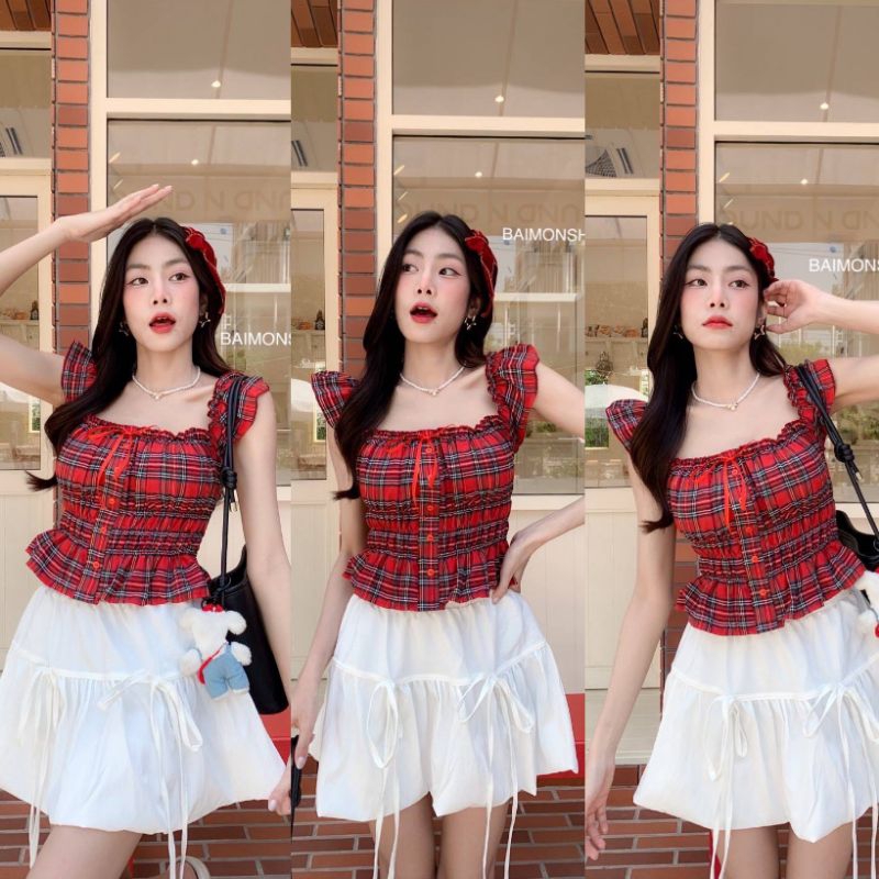 💰 MahahengCloset 💰เสื้อระบาย ลายสก็อตสีแดง แต่งกระดุมแดง ใส่แล้วน่ารักไม่ไหว❤️🔥