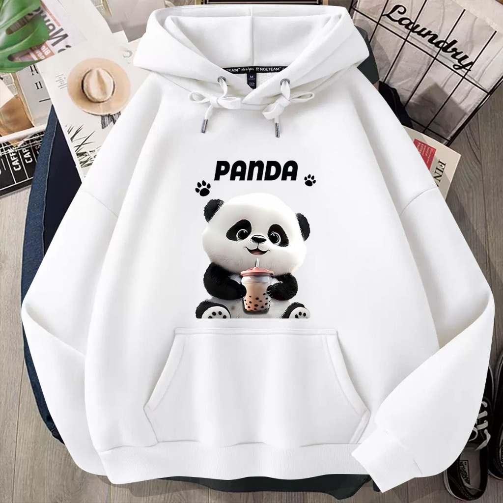 L851 เสื้อแขนยาวมีหมวกลายแพนด้า  สำหรับชายและหญิง. เสื้อมีกระเป๋าใส่ของได้