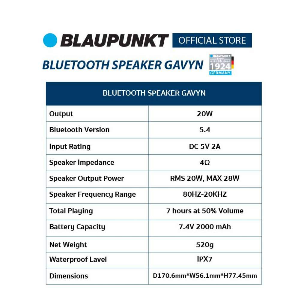 BLAUPUNKT ลำโพงบลูทูธพกพา 20 วัตต์  BLUETOOTH SPEAKER รุ่น GAVYN แบตเตอรี่ 2000mAh เวอร์ชั่นระบบ 5.4 ราคา ถูกที่สุด ดีลบีเคเค แกลเลอรีภาพที่ 3