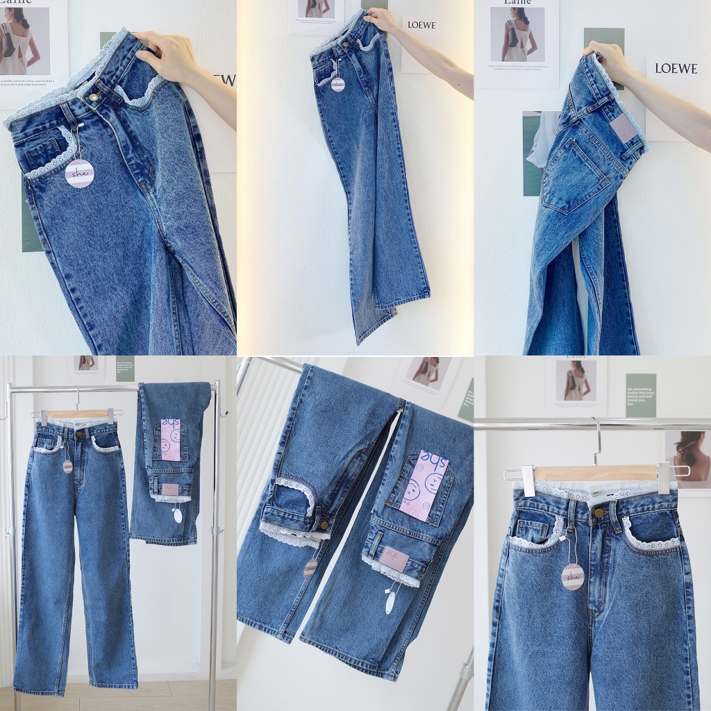 กางเกงยีนส์เอวสูงขากระบอกแต่งขอบลูกไม้เอวและกระเป๋า รุ่น Double Flower Denim