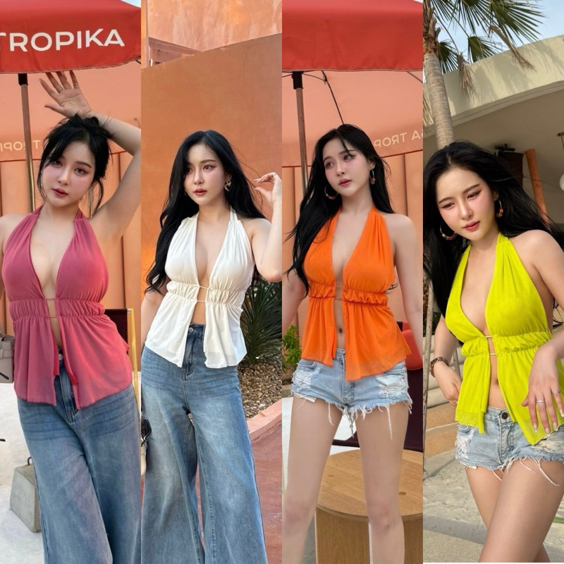 เสื้อคล้องคอ ดีไซน์ย่นหน้าแต่งเชือกผูกโบว์ 2 เส้น สม็อคหลัง เว้าอกเว้าหลังสุดเซ็กซี่