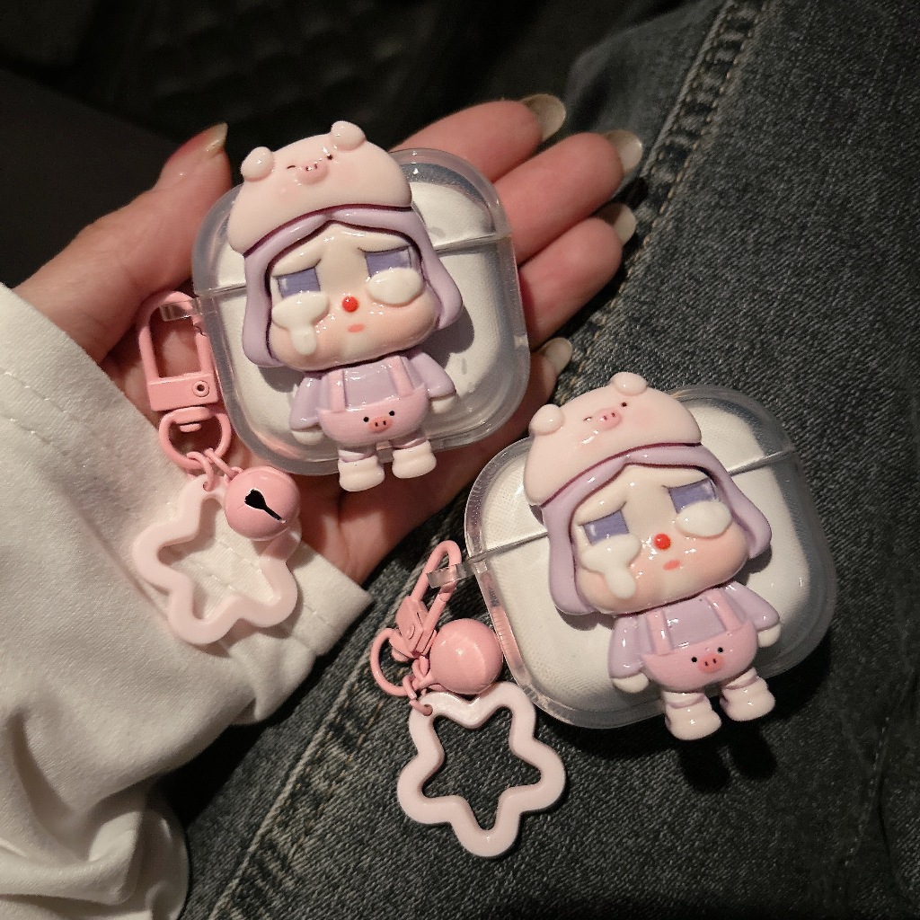 เด็กชุดหมูม่วง เคสหูฟังAirpods i12 i11 เคสใสการ์ตูนนูน Airpods4 3 เคสหูฟังบลูทูธ gen1 gen2 เคสหูฟังไร้สาย Pro เเถมห่วงคล