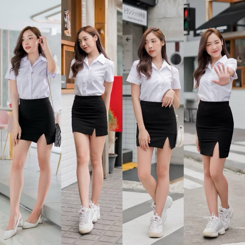 🦋🌷กระโปรงนักศึกษาทรงเอ กระโปรงทรงเอ ทรงเอ ยาว 14 - 20 《ผ่าหน้า-หลัง》เอว23-30" ผ้าฮานาโกะ สีดำ ทรงสวยใส่สบาย