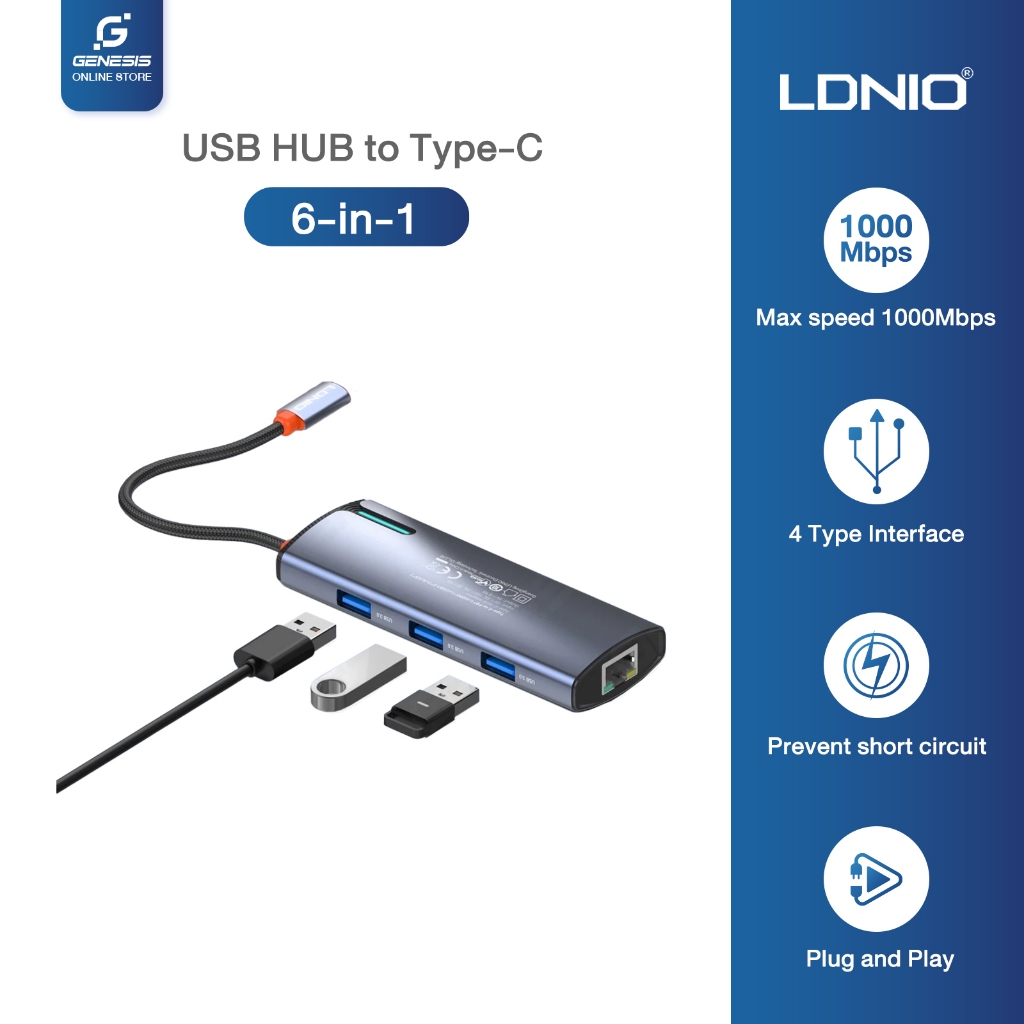 LDNIO ฮับ USB Type-C แปลง Type-C PD3.0100W 4USB สำหรับ โน๊ตบุ๊ค Macbook Air Dell HP