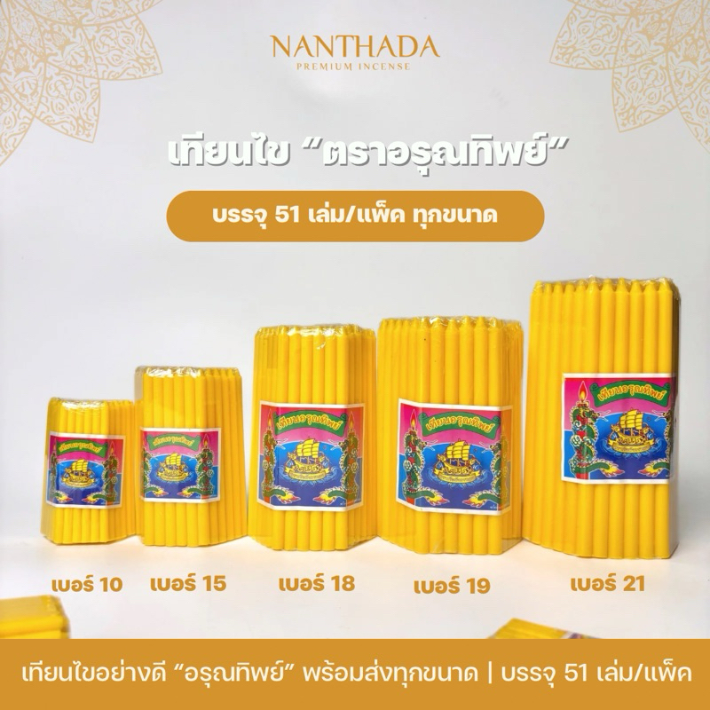 เทียนบูชาพระ สีเหลือง เทียนเบอร์ 10, 15, 18, 19, 21  เทียนไขอย่างดี เทียนหนักบาท พร้อมส่งทุกขนาด  **ออกใบกำกับภาษีได้**