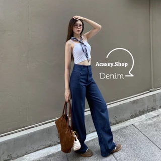 Acasey กางเกงยีนส์ผู้หญิง ขายาว ผ้าไม่ยืด เอวสูง พรางหุ่น ขากระบอก แต่งกระเป๋าหน้า ไซส์ S - XL bkk