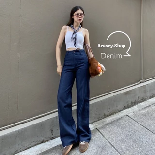 Acasey กางเกงยีนส์ผู้หญิง ขายาว ผ้าไม่ยืด เอวสูง พรางหุ่น ขากระบอก แต่งกระเป๋าหน้า ไซส์ S - XL bkk
