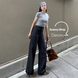 Acasey กางเกงยีนส์ผู้หญิง ขายาว ผ้าไม่ยืด เอวสูง พรางหุ่น ขากระบอก แต่งกระเป๋าหน้า ไซส์ S - XL bkk