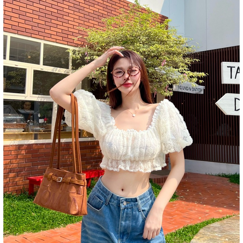 ♡Feels top♡ครอปลูกไม้แขนพอง งานน่ารักมากใส่ได้ทั้งสาวตัวเล็กและสาวอวบ🍧 #เสื้อผ้าสาวอวบ #เสื้อครอปเจนนี่