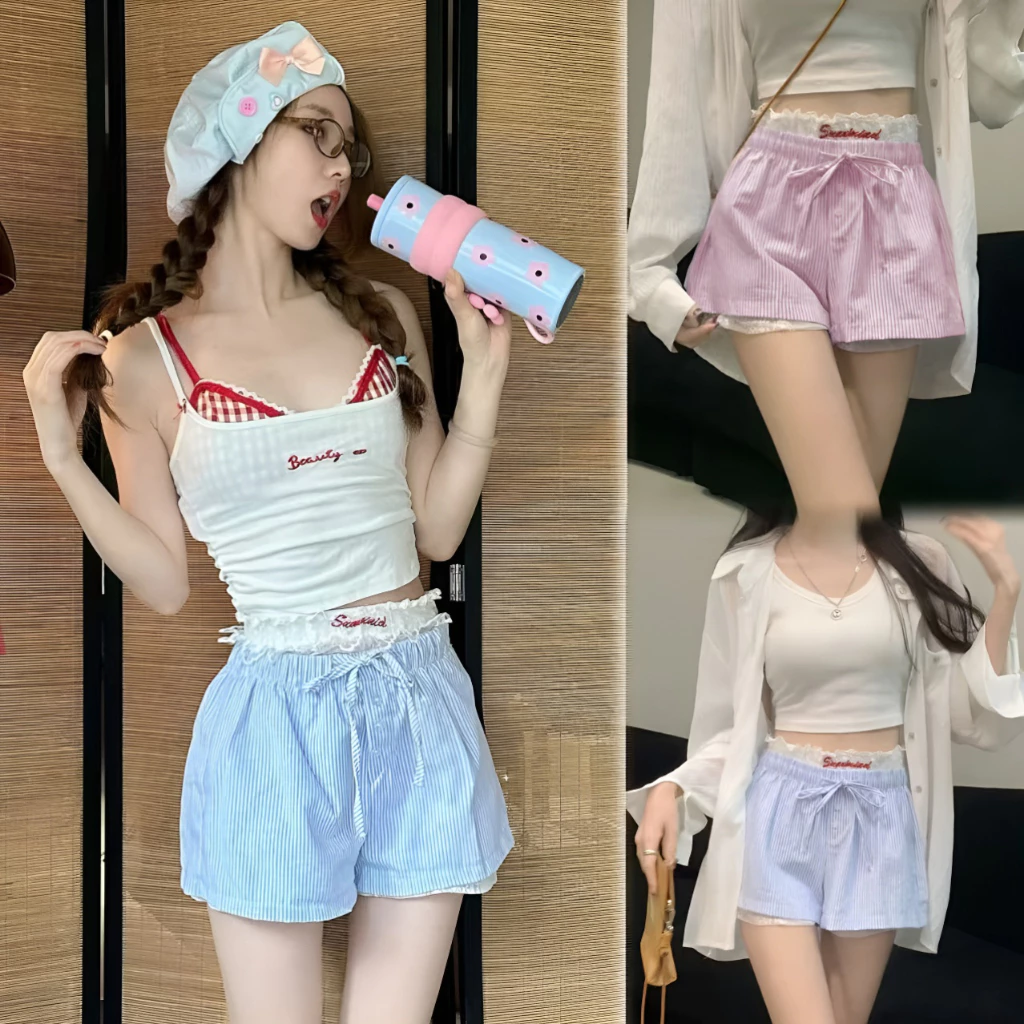 🌸Swift Bra🌸กางเกงขาสั้นผู้หญิง กางเกงขาสั้นลายริ้ว เเต่งกระดุม เอวยางยืด ผ้ายืดหยุ่น แฟชั่น ใหม่