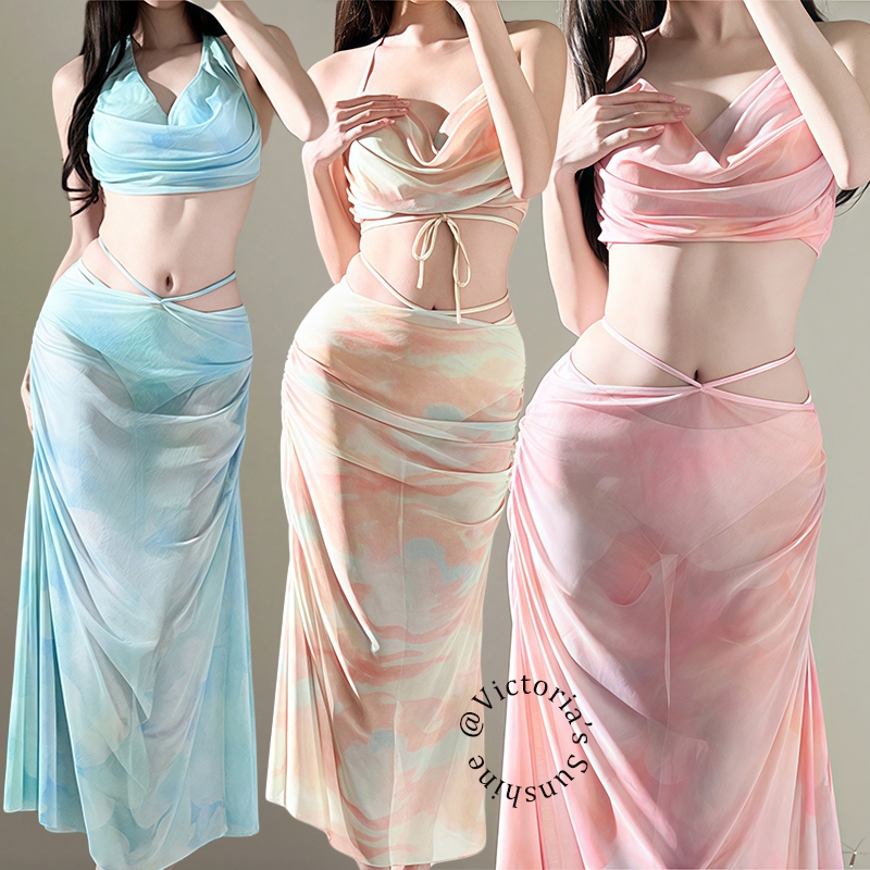 Victoria's ชุดว่ายน้ำผู้หญิง ชุดว่ายน้ำกระโปรงยาว ชุดสูทสามชิ้นสุดเซ็กซี่ beach มีฟองน้ำ#0711