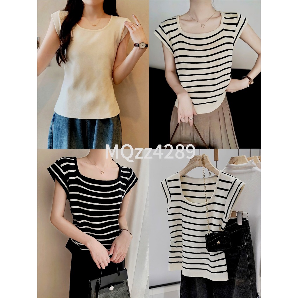 MQzz4289 *พร้อมส่ง* เสื้อยืด เนื้อผ้าไหมพรม แขนสั้น ลายทาง ดีเทลคอเหลี่ยม Freesize
