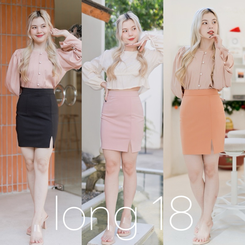 กระโปรงทำงาน กระโปรงทรงเอเอวขอบ ผ้าโรเชส ยาว18นิ้ว ผ่าหน้า กระโปรงแฟชั่น