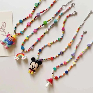 พร้อมส่ง!🇹🇭 สร้อยคอแฟชั่น สร้อยคอลูกปัดหลากสี ห้อยจี้ตุ๊กตาแ…