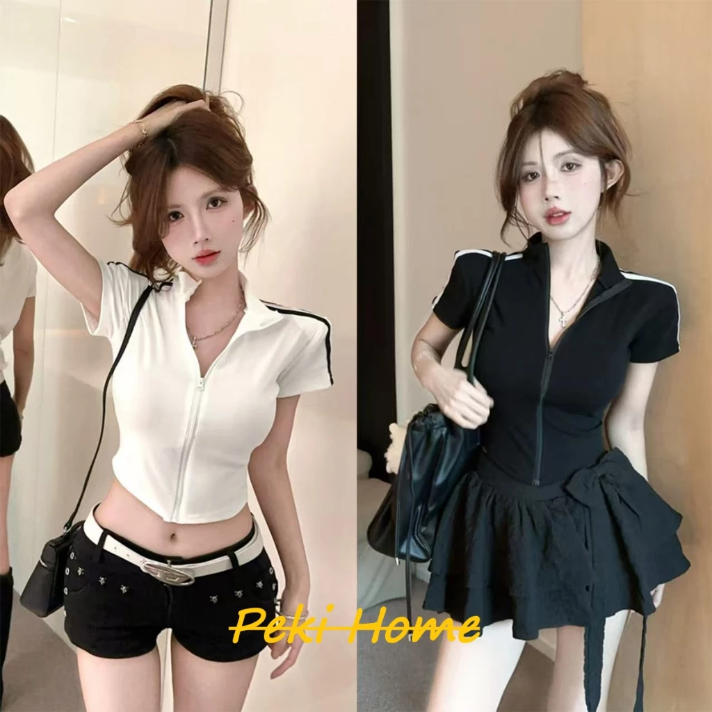เสื้อยืดแขนสั้นสไตล์อเมริกันสำหรับผู้หญิง พร้อมซิป สุดชิค