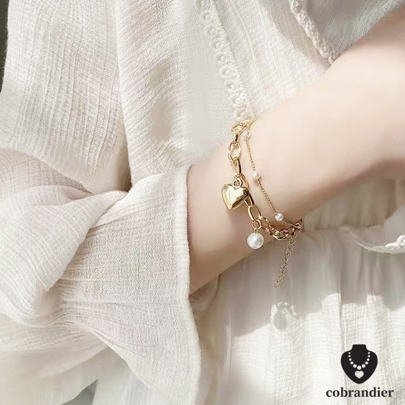 CODส่งเร็ว⚡สร้อยข้อมือ หัวใจ ประดับมุก สองชั้น โลหะผสม สไตล์เกาหลี น่ารักหวาน เครื่องประดับสำหรับผู้หญิง