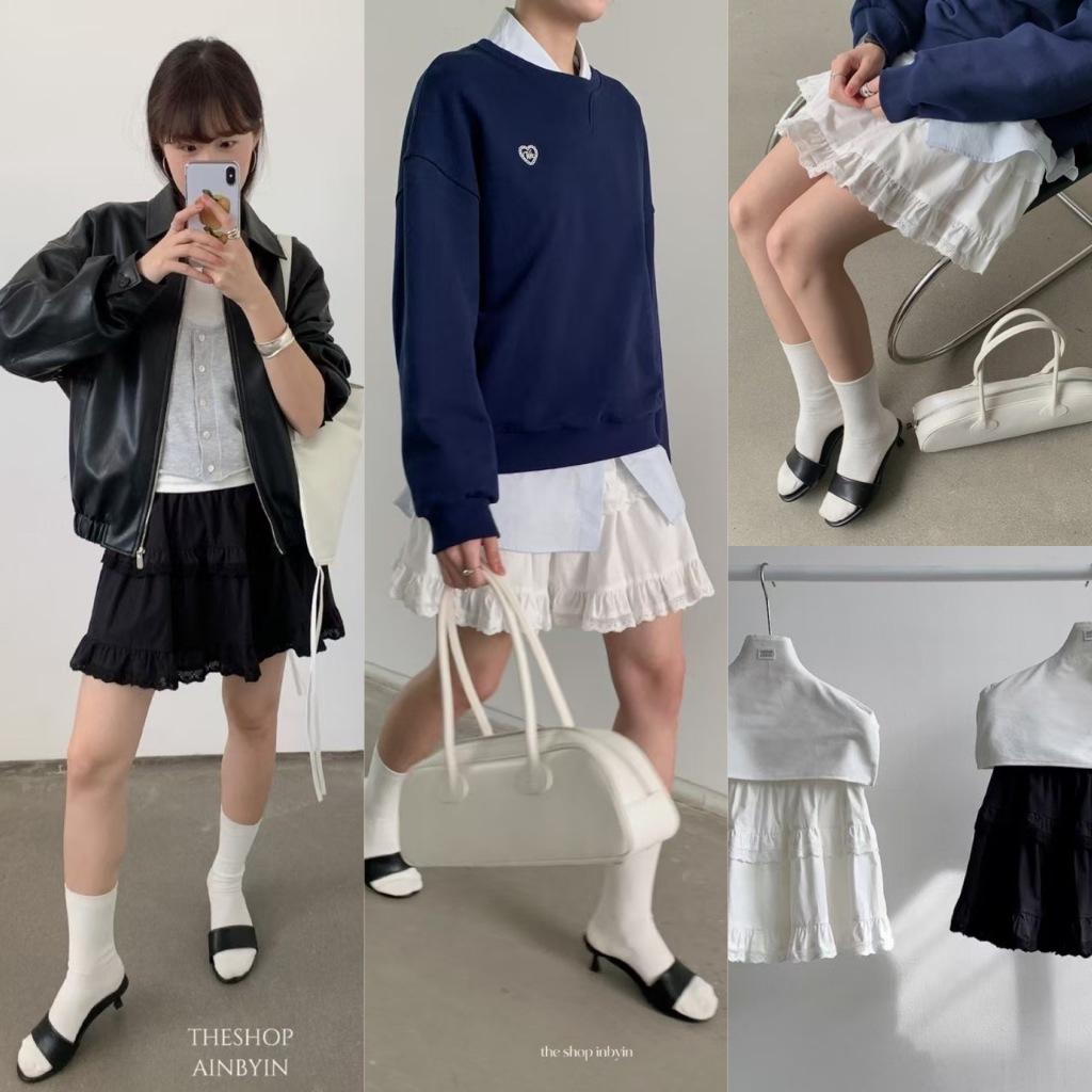 🧡🧵 🇰🇷 I2795 กระโปรงสั้น เอวสม็อค แต่งระบายสองแถบ แฟชั่นเกาหลี TAG KOREA 🧵🧡