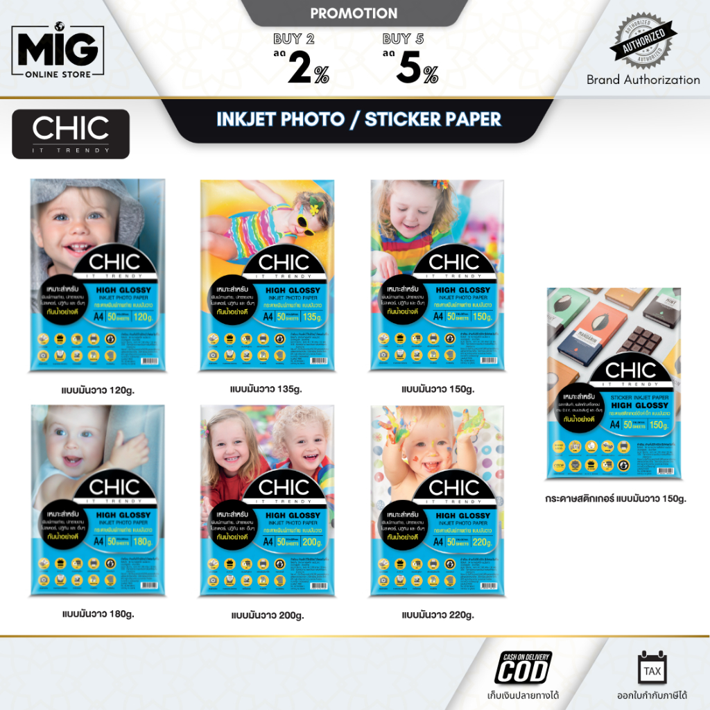 CHIC กระดาษโฟโต้มันวาว กันน้ำ 120-220 แกรม สำหรับปริ้นรูป /Sticker ขนาด A4 50/100 แผ่น HIGH GLOSSY I