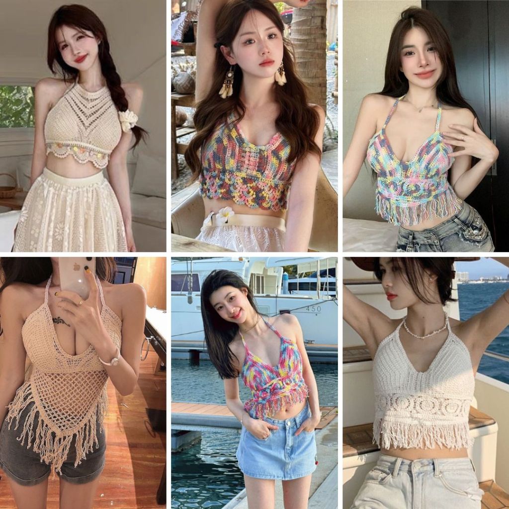 เสื้อถักไหมพรม เสื้อถักโครเชต์ ครอปแฟชั่น ชุดไปทะเล สายเดี่ยว คล้องคอ EA