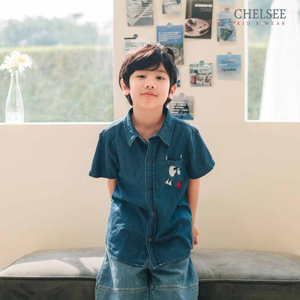 Chelsee قميص أولاد جينز سادة نصف كم — صورة 4