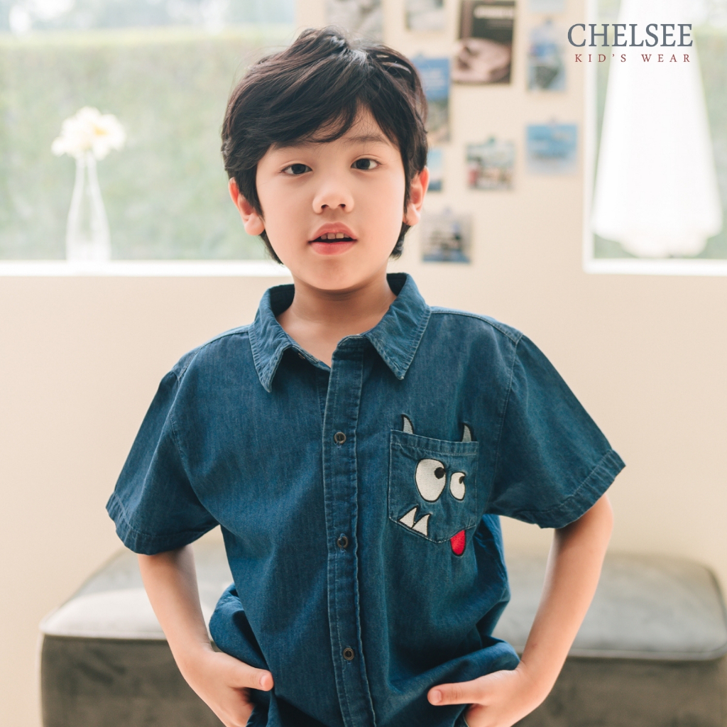 Chelsee เสื้อเชิ้ตยีนส์แขนสั้น เด็กผู้ชาย ไม่มีลาย อายุ 1.5-10 ปี ผ้า 100%Cotton เสื้อผ้าเด็กโต รุ่น 128120