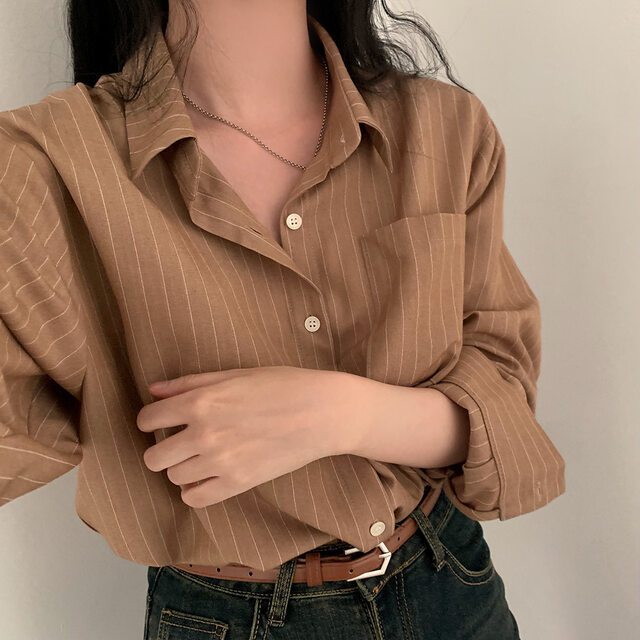 🌻Grace🌻 เสื้อเชิ้ตผ้าฝ้ายสวมใส่สบาย เสื้อแขนยาวลายทาง เสื้อทรงหลวมสุดชิค เสื้อทรงเลดี้ผู้หญิง เสื้อผ้าสไตล์เกาหลี W421 - รูปที่ 4