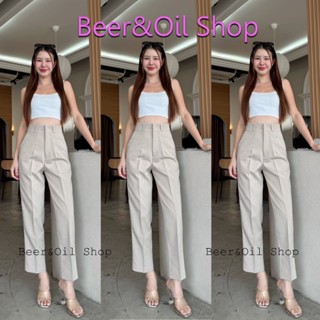 B0016 Beer&Oil กางเกงขายาวเอวสูง ผ้าสลาฟ งานตะขอ 8ส่วน ซิปหน…