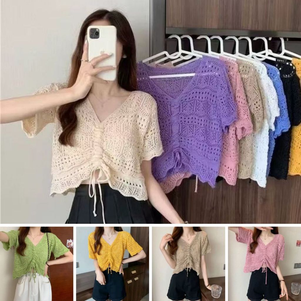 เสื้อไหมพรม แขนสั้น รูดปรับได้ เสื้อถักไหมพรมโครเชต์ เสื้อผู้หญิง ชุดไปทะเล FS-9