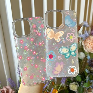 เคส IPhone XR X XS Max 11 16 13 12 14 15 Pro Max 8 14 7 15 Plus 7Plus 16PROMAX แฟชั่นฤดูใบไม้ผลิสดใหม่ดูเดิลผีเสื้อดอกไม