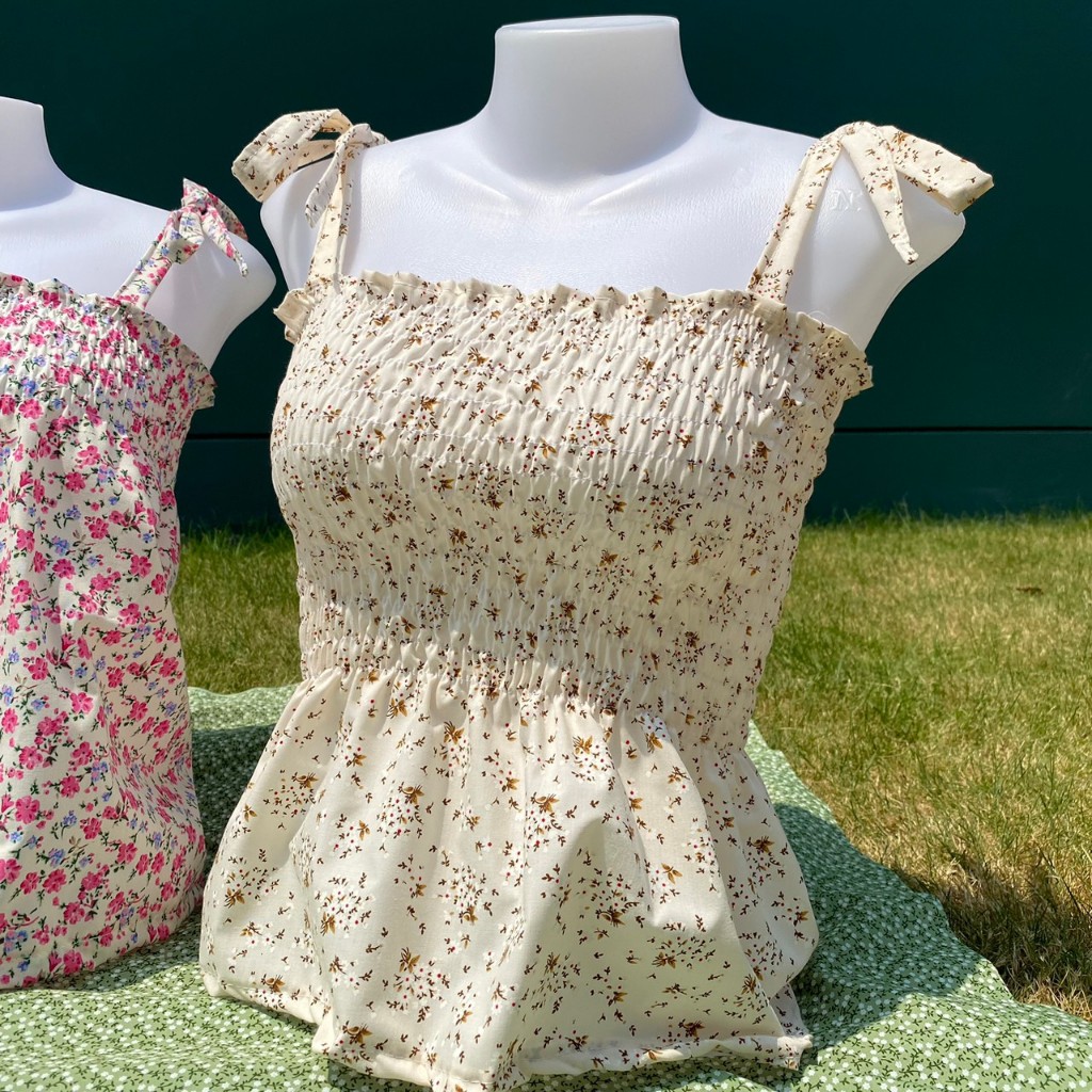 เสื้อสายเดี่ยว เสื้อสม๊อคลายดอกไม้ มีชายระบาย สายปรับได้ สาวอวบ บิ๊กไซร์