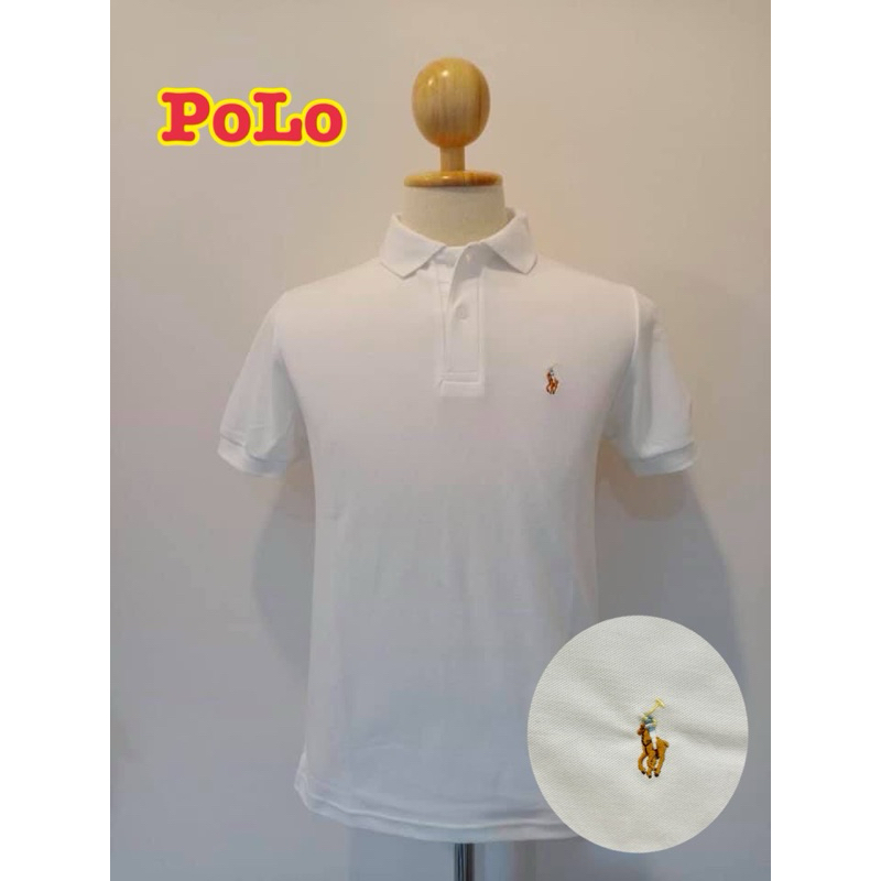เสื้อโปโลคอปกของผู้ใหญ่สีขาวปักม้าเล็กสีpolo