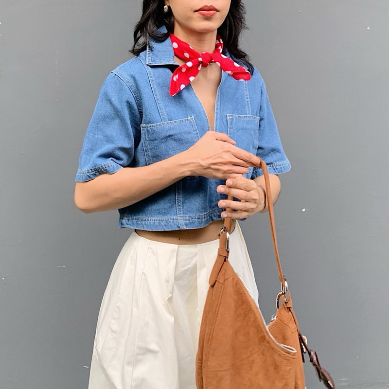 เสื้อยีนส์ครอป แขนสั้น มีปก อก-35“ จากร้าน PPLAIN.PP