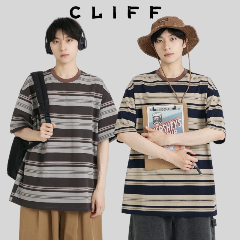 CLIFF แนววินเทจ ยอดนิยม แขนสั้น ชาย แฟชั่น ลายทาง เสื้อยืด ลำลอง แมทช์ลุคง่าย