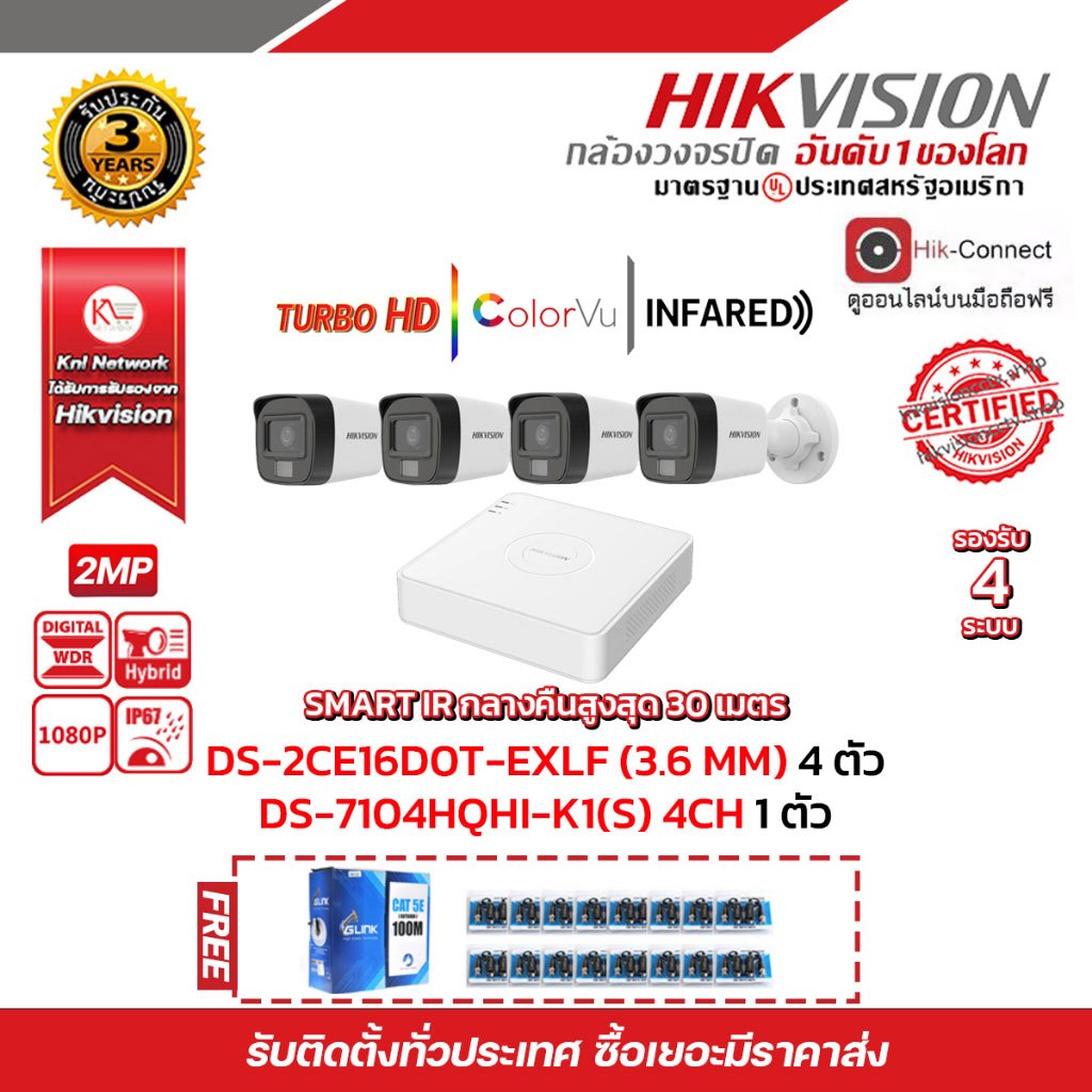 HIKVISION DS-7104HQHI-K1(S)  DS-2CE16D0T-EXLF (4PACK) ฟรีสานแลน utp cat5a 100m + Balun HD202P 4ชิ้น