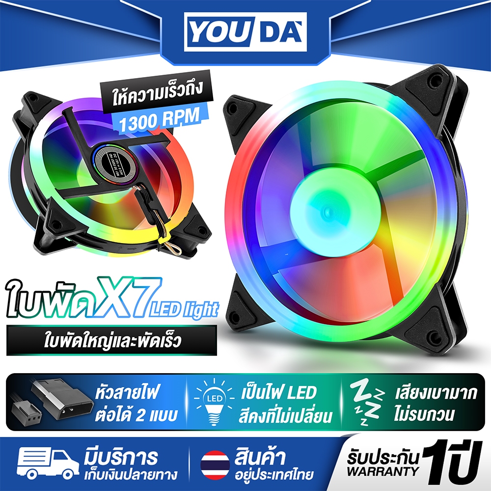 YOUDA พัดลมระบายความร้อน LED รับประกัน 1ปี พัดลม 7ใบพัด 12CM DC 12V YD-PL120-1 พัดลมระบายความร้อน CPU Cooler Fan