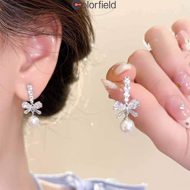 Colorfield โบว์ไข่มุก เพทาย ต่างหู เกาหลี แฟชั่น ละเอียดอ่อน เข้ากับทุกการแต่งกาย สำหรับผู้หญิง ไม่ทําให้แพ้ง่าย-COD