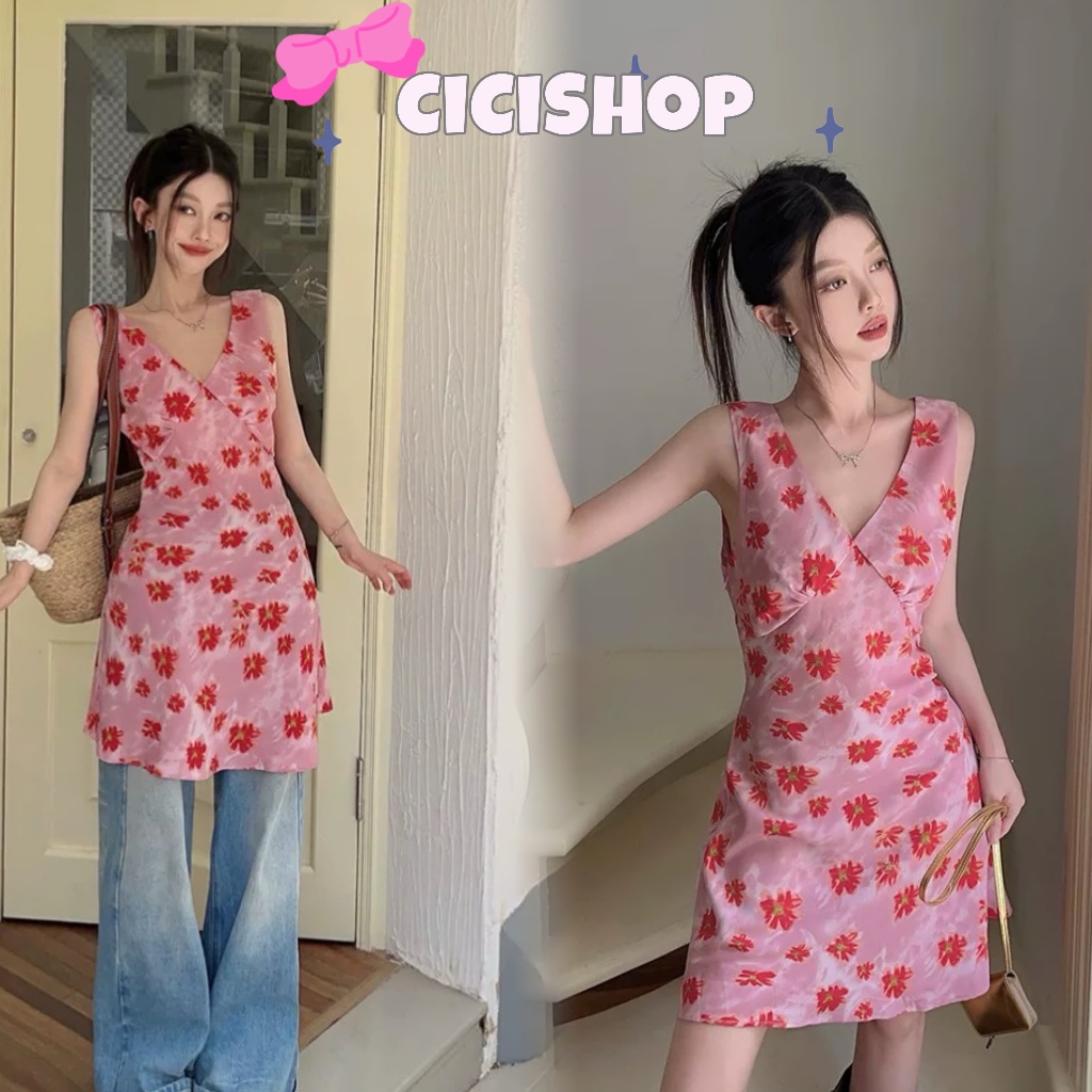 Cicishop(J1693) เดรสสั้นสายเดี่ยวคอวีสีชมพู ลายดอกไม้ ผ้าหนา มีซิปข้างเข้ารูป สำหรับซัมเมอร์