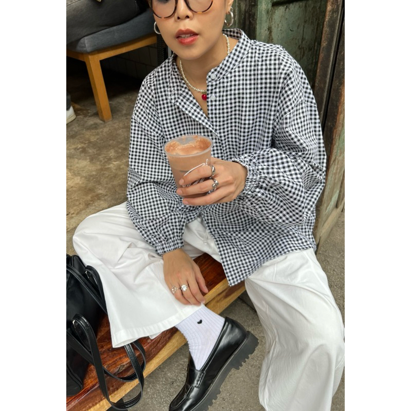checkered long sleeve blouse