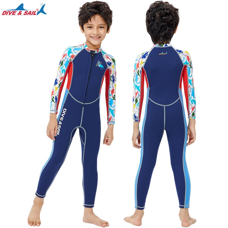 (แถมหมวก)ชุดว่ายน้ำเด็กชาย เก็บอุณหภูมิ 2 MM น้ำเงินซิปหน้า-ยาว