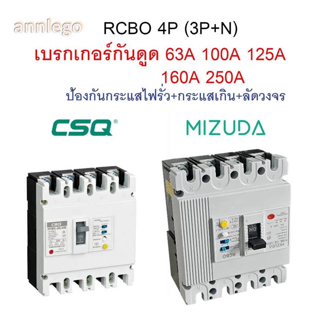 เบรคเกอร์กันดูด RCBO 4P(3P+N) รุ่น HYCM1L-125 และ HYCM1L-250