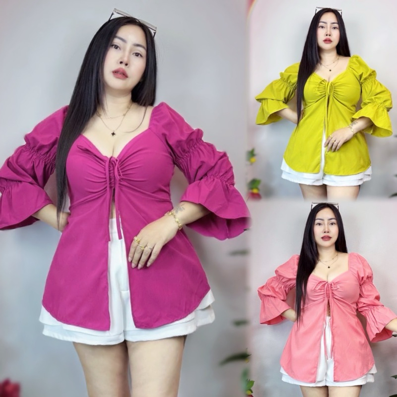 เสื้อสาวอวบ เสื้อออกงาน ร้านปอแฟชั่น อก 38-44 ยาว27 ผ้าคัส สวยมากบอกเลย รุ่น กามินรูดหน้าฟรุ้งฟริ้ง