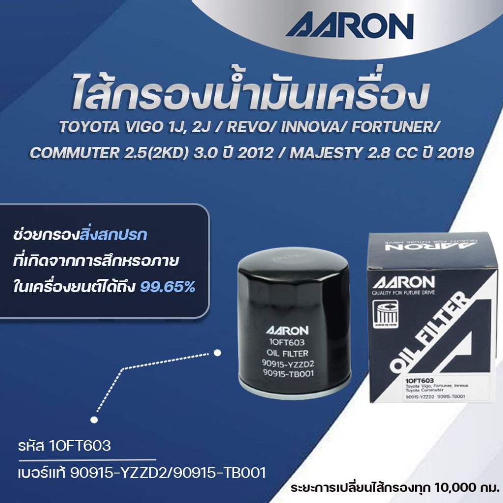 AARON ไส้กรองน้ำมันเครื่อง TOYOTA VIGO 1J, 2J/REVO/INNOVA/FORTUNER/COMMUTER 2.5 (2KD) 3.0 (1ชิ้น)