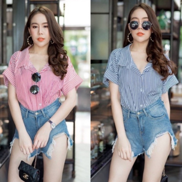 TUM037 TARA Shirt เสื้อเชิ้ต กระดุมหน้า กระดุมหลัง ลายจุดริ้ว ลายทาง เนื้อผ้าสลาฟพิมพ์ลายอย่างดี ใส่สบายมาก งานดีมาก